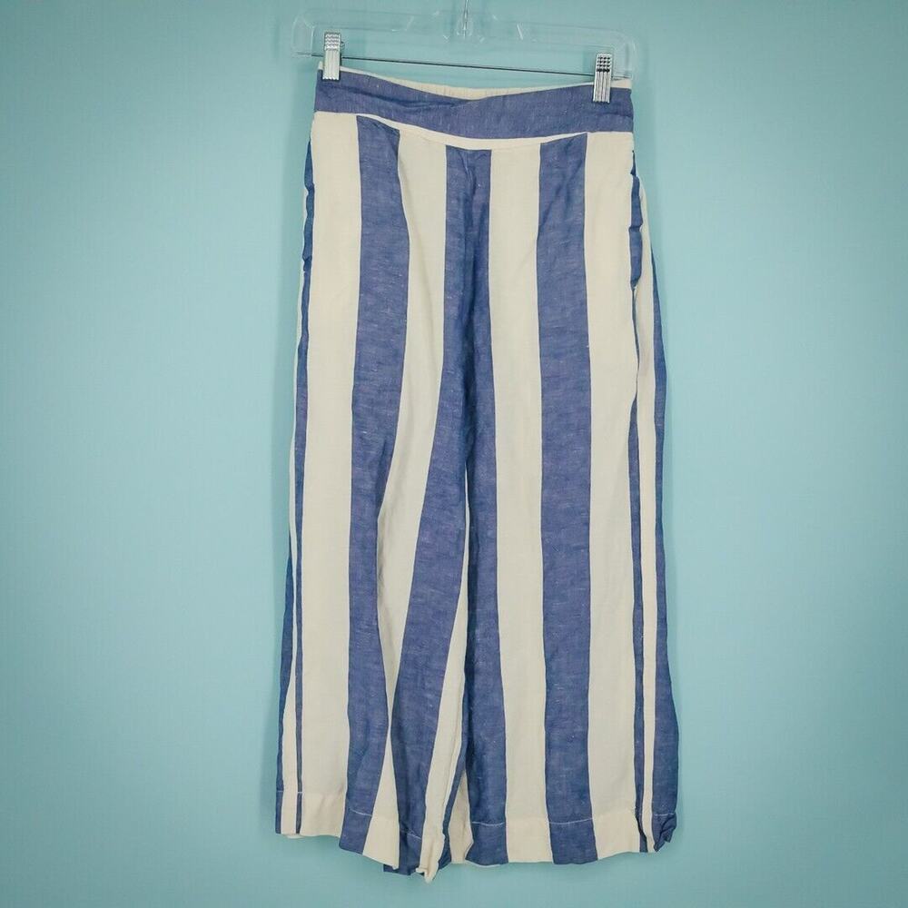 Madewell Size XS Hutson Linen Blue Ivory Stripe Print Pull On Crop Wide Pants